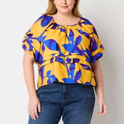 Liz Claiborne Plus Womens Round Neck Elbow Sleeve Blouse