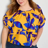 Liz Claiborne Plus Womens Round Neck Elbow Sleeve Blouse