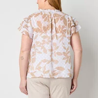 Liz Claiborne Plus Womens Keyhole Neck Short Sleeve Blouse