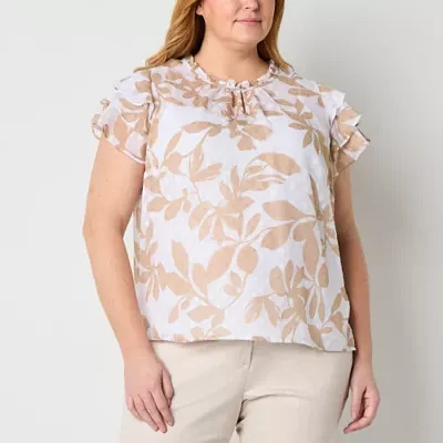 Liz Claiborne Plus Womens Keyhole Neck Short Sleeve Blouse
