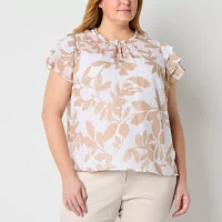 Liz Claiborne Plus Womens Keyhole Neck Short Sleeve Blouse