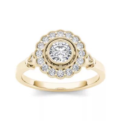 1/2 CT.T.W. Natural Diamond Flower Halo 10K Yellow Gold Engagement Ring