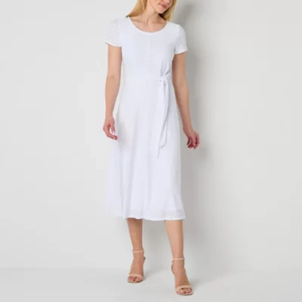 Perceptions Womens Short Sleeve Eyelet Midi Fit + Flare Dress