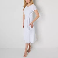 Perceptions Womens Short Sleeve Eyelet Midi Fit + Flare Dress
