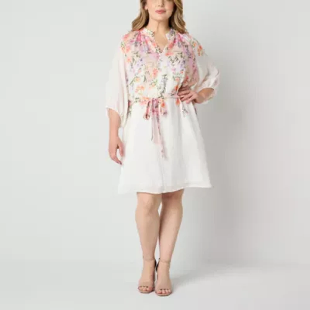 52seven Womens 3/4 Sleeve Floral Midi Fit + Flare Dress Plus