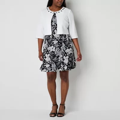 Perceptions Womens Floral Jacket Dress Plus
