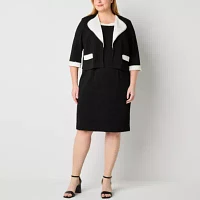 Maya Brooke Womens Pearl Trim Jacket Dress Plus