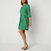 Ronni Nicole Womens 3/4 Sleeve Eyelet Fit + Flare Dress Petite