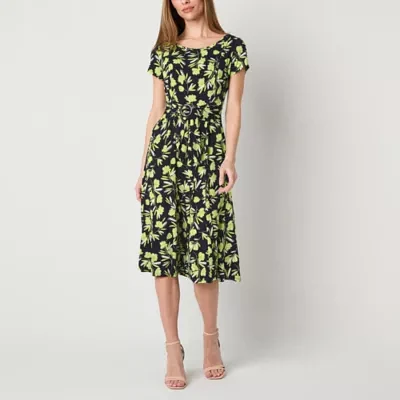 Perceptions Womens Short Sleeve Floral Midi Fit + Flare Dress Petite
