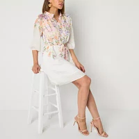 52seven Womens 3/4 Sleeve Floral Midi Fit + Flare Dress Petite