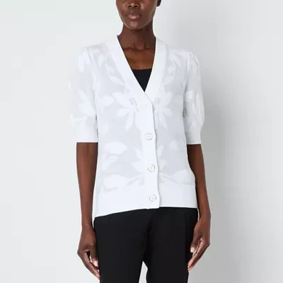 Liz Claiborne Jacquard Womens V Neck Short Sleeve Button Cardigan