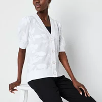 Liz Claiborne Jacquard Womens V Neck Short Sleeve Button Cardigan