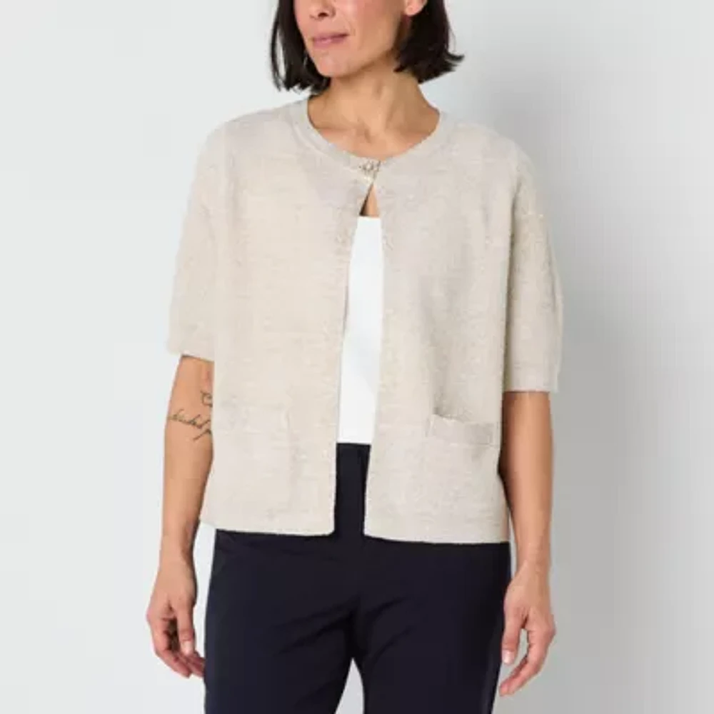 Liz Claiborne Womens Crew Neck Short Sleeve Button Cardigan
