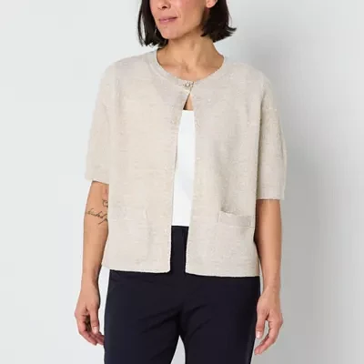 Liz Claiborne Womens Crew Neck Short Sleeve Button Cardigan