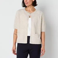 Liz Claiborne Womens Crew Neck Short Sleeve Button Cardigan
