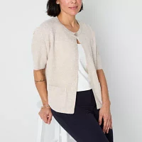 Liz Claiborne Womens Crew Neck Short Sleeve Button Cardigan