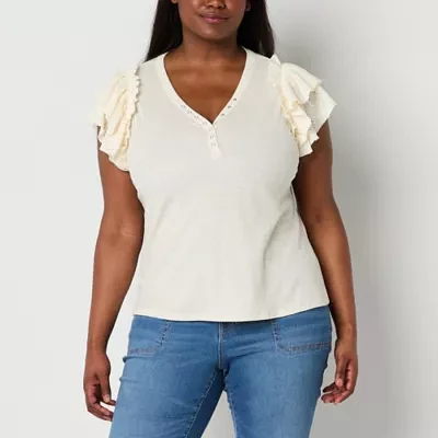 Frye and Co. Plus Womens Y Neck Short Sleeve Blouse