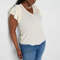 Frye and Co. Plus Womens Y Neck Short Sleeve Blouse