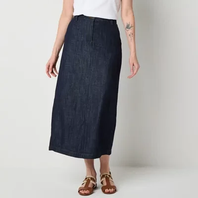 Liz Claiborne Womens Mid Rise Midi Denim Skirt