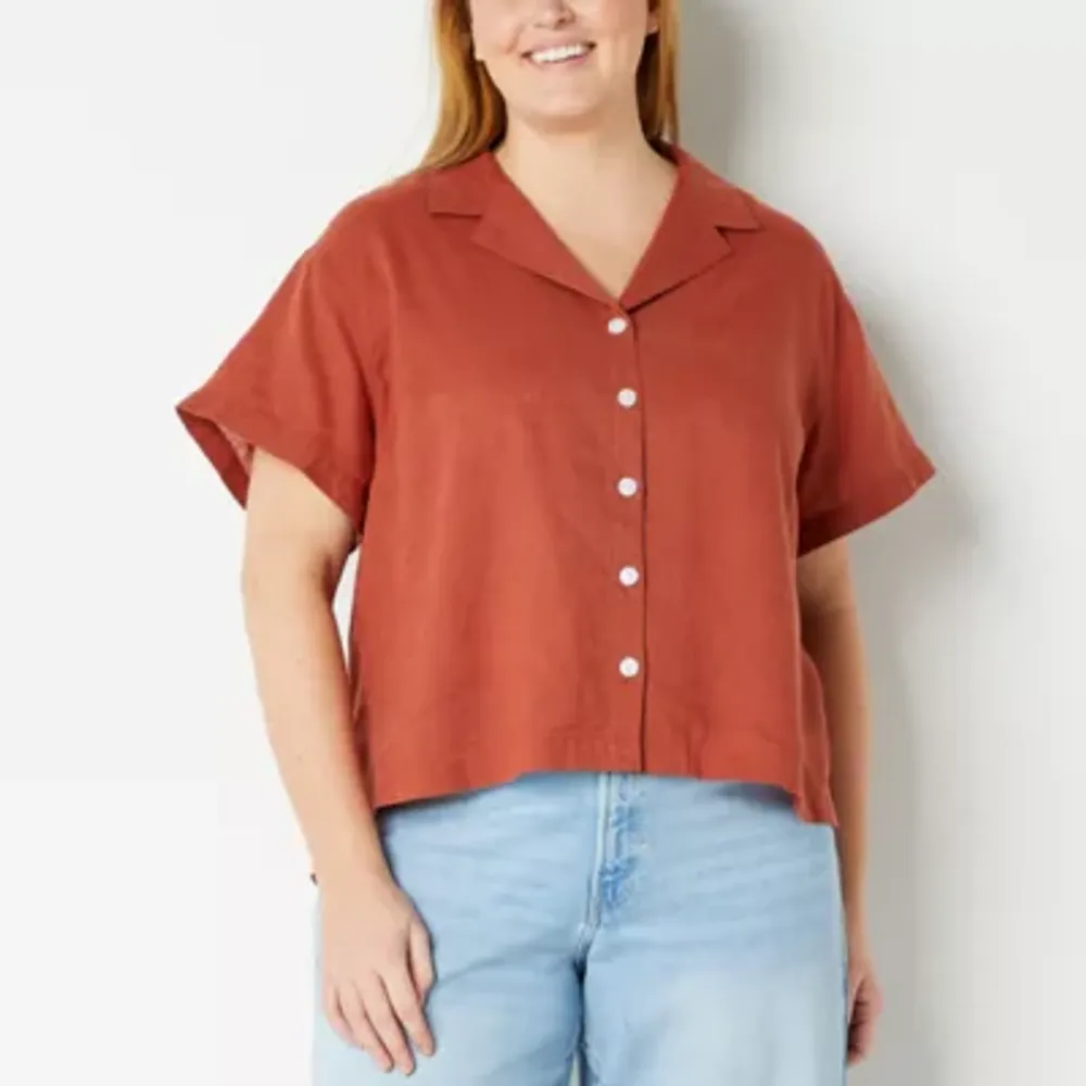 A.n.a Plus Linen Womens Short Sleeve Regular Fit Button-Down Shirt