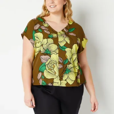 Worthington Plus Womens V Neck Short Sleeve Blouse