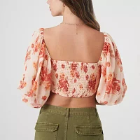 Forever 21 Printed Ruched Woven Womens Square Neck Elbow Sleeve Crop Top Juniors