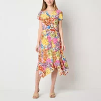 Perceptions Womens Short Sleeve Floral Midi Fit + Flare Dress