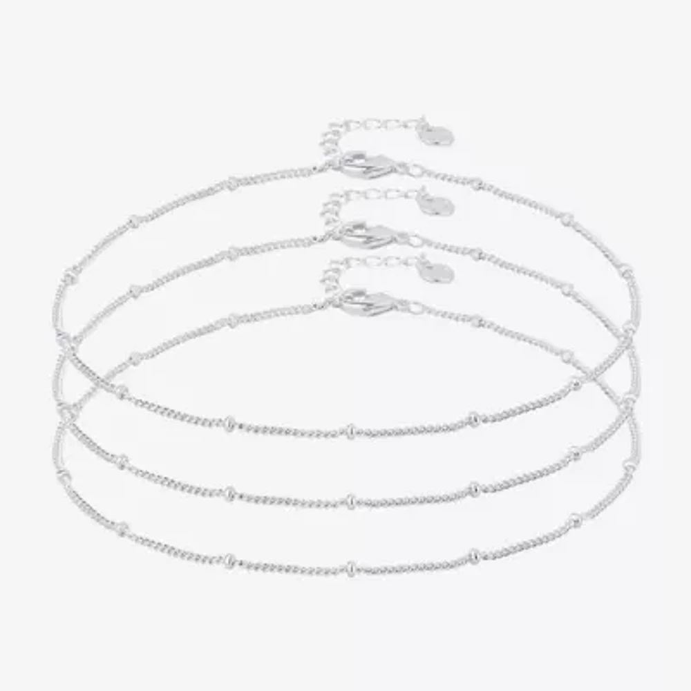 Silver Reflections 3-pc. Pure Silver Over Brass 10 Inch Bead Ankle Bracelet