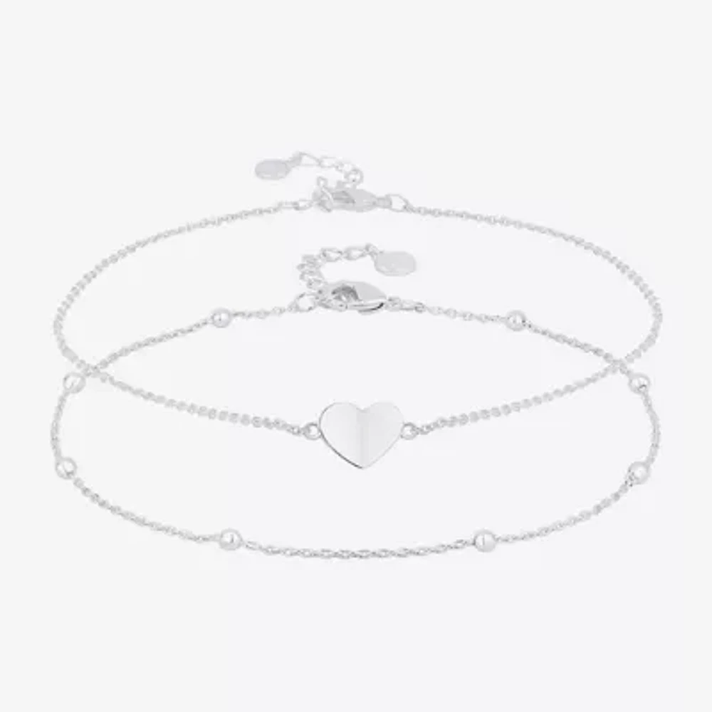 Silver Reflections 2-pc. Pure Silver Over Brass 10 Inch Bead Heart Ankle Bracelet