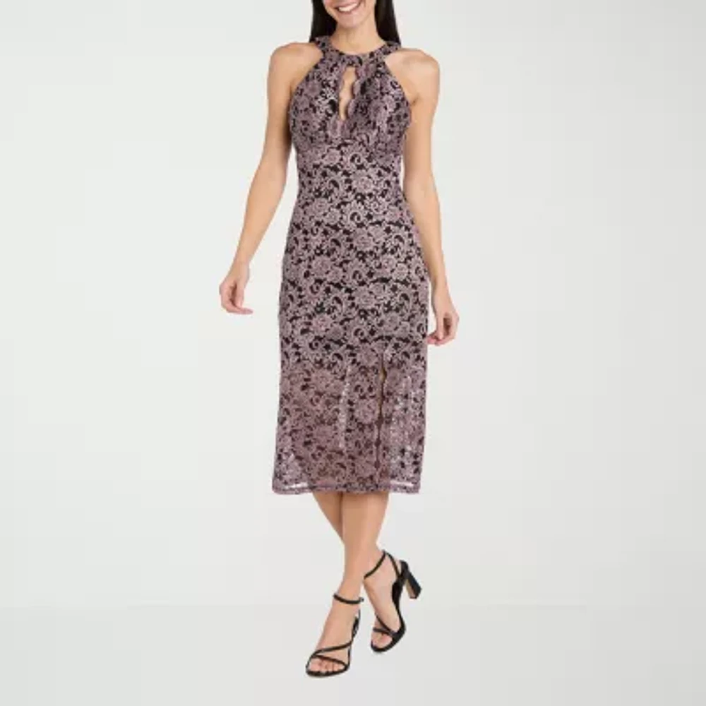 R & M Richards Womens Lace Sleeveless Midi Sheath Dress