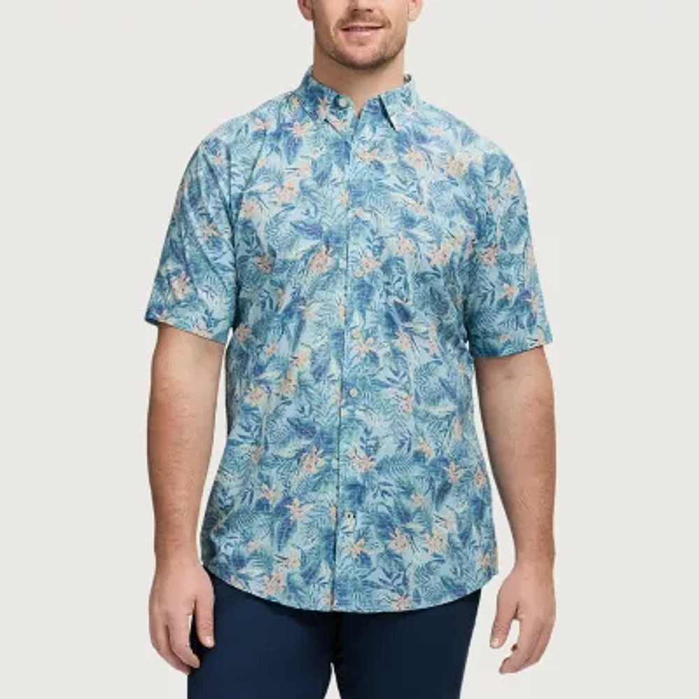 IZOD Dockside Chambray Big and Tall Mens Classic Fit Short Sleeve Leaf Button-Down Shirt