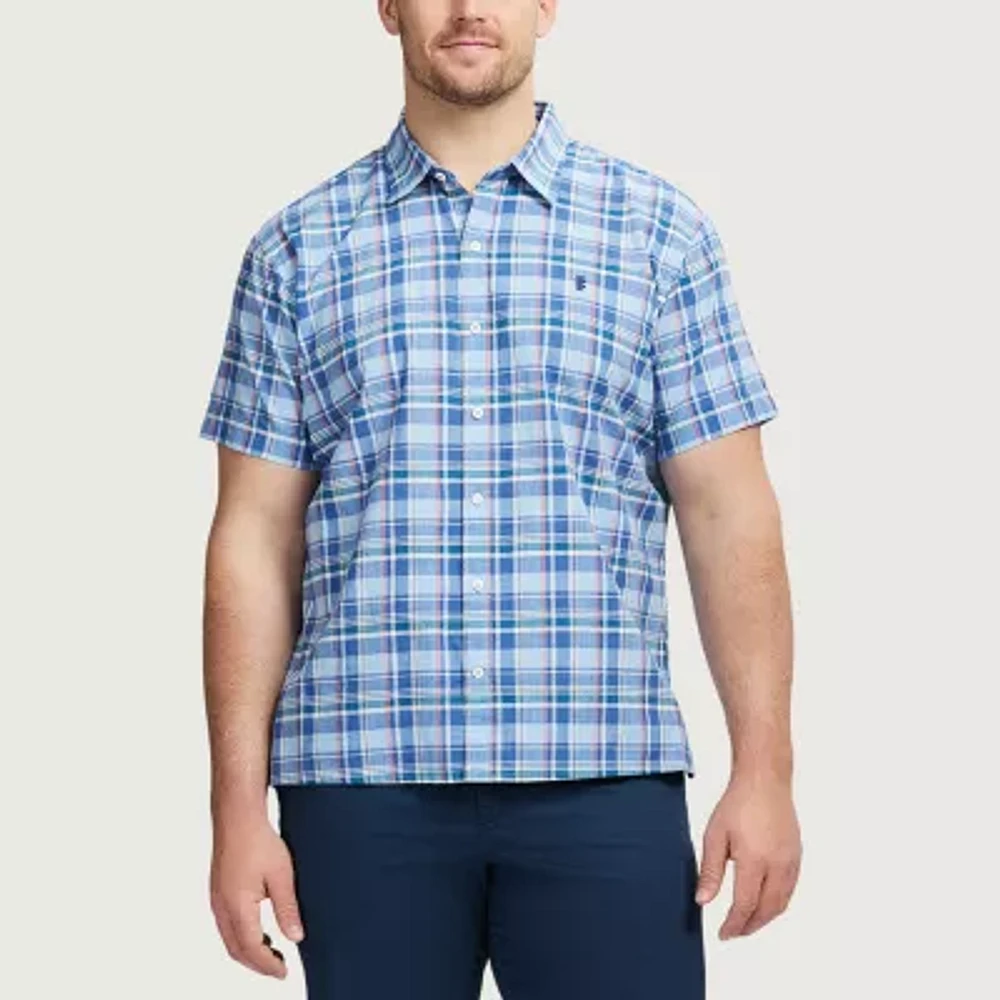 IZOD Lux Classic Big and Tall Mens Fit Short Sleeve Plaid Button-Down Shirt