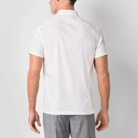 Stafford Mens Cooling Moisture Wicking Regular Fit Short Sleeve Geometric Button-Down Shirt