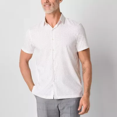 Stafford Mens Cooling Moisture Wicking Regular Fit Short Sleeve Geometric Button-Down Shirt