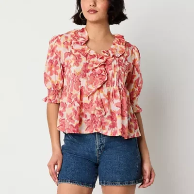 a.n.a Womens V Neck Short Sleeve Embroidered Blouse