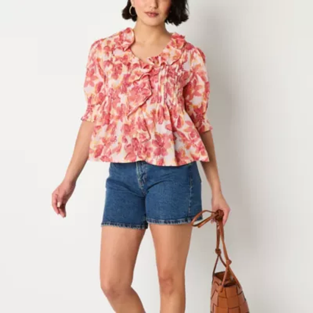 a.n.a Womens V Neck Short Sleeve Embroidered Blouse