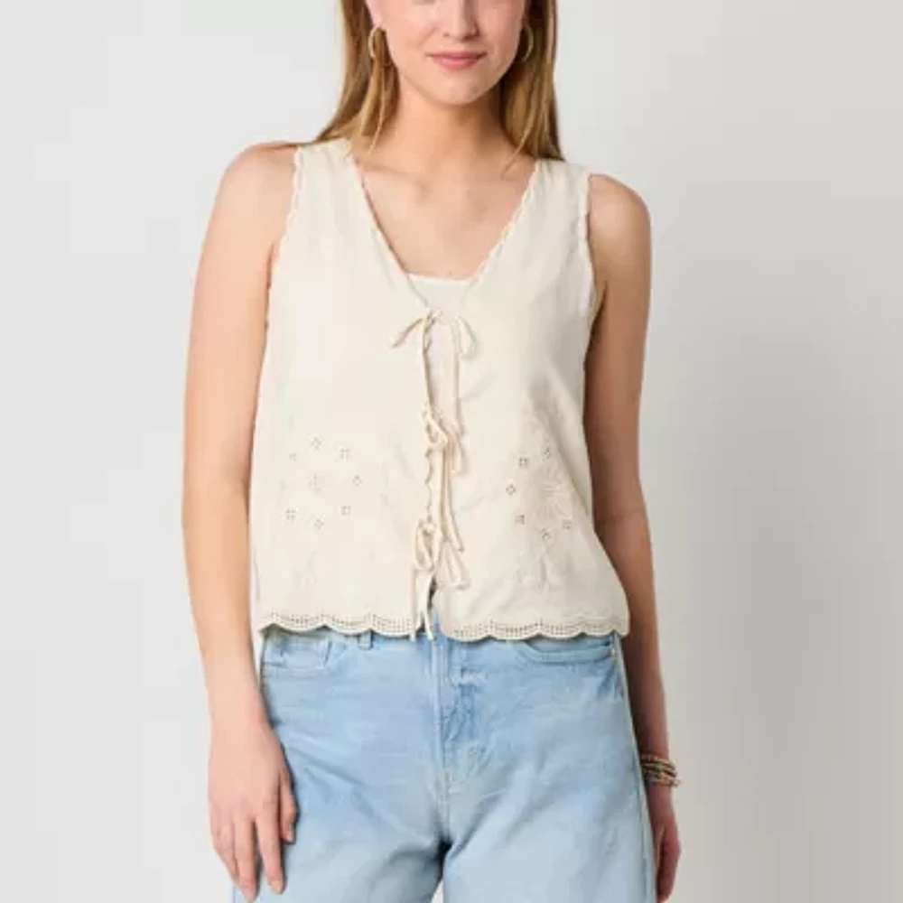 a.n.a Tie Front Womens V Neck Sleeveless Embroidered Blouse