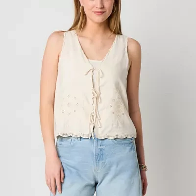 a.n.a Tie Front Womens V Neck Sleeveless Embroidered Blouse