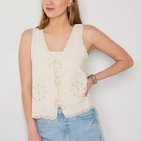 a.n.a Tie Front Womens V Neck Sleeveless Embroidered Blouse