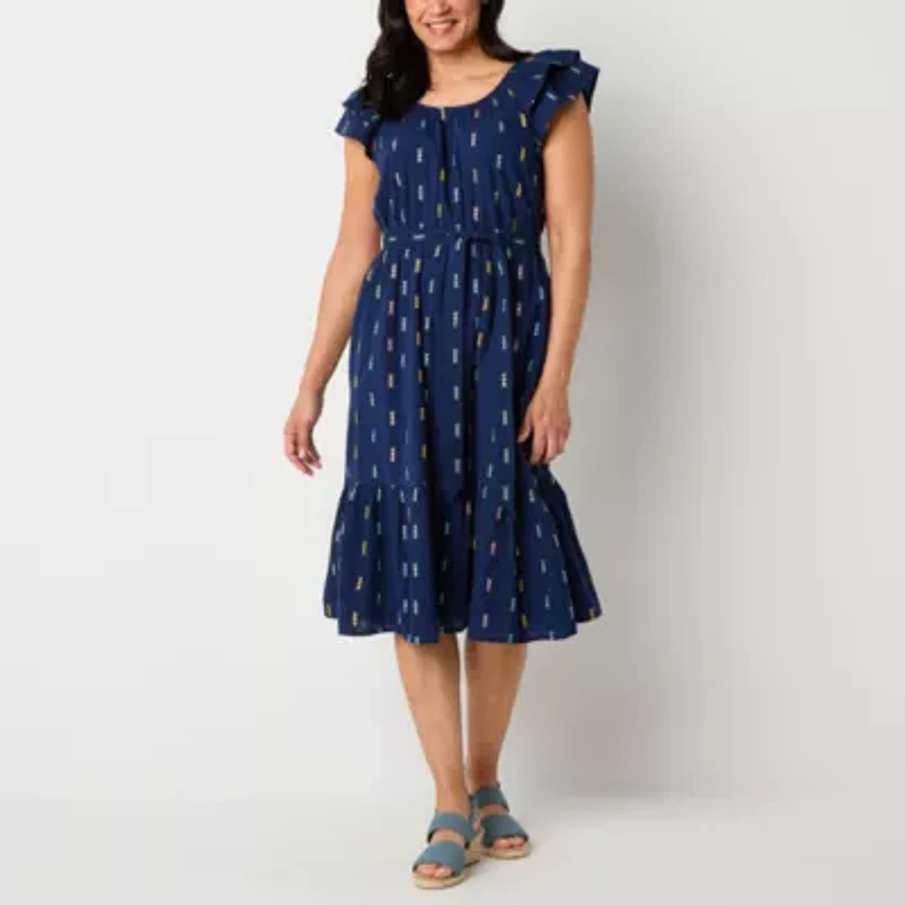 St. John's Bay Womens Short Sleeve Midi A-Line Dress