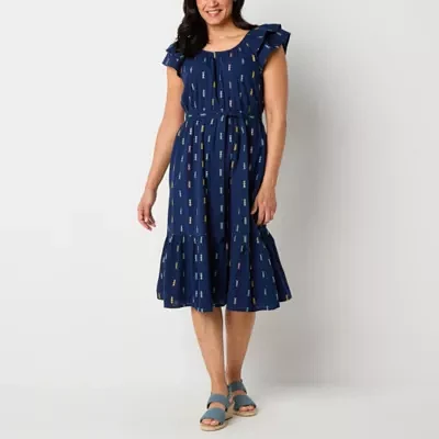 St. John's Bay Womens Short Sleeve Midi A-Line Dress