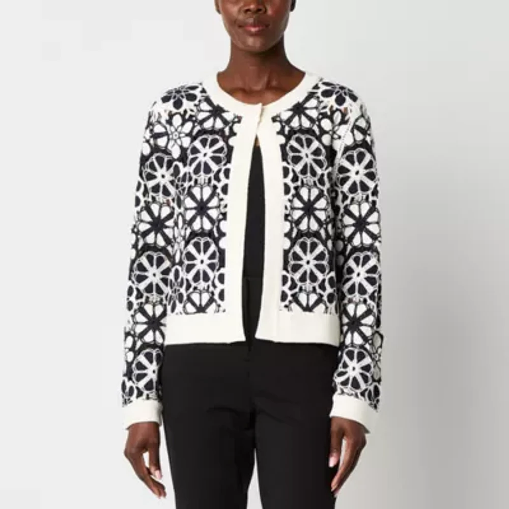 Liz Claiborne Womens Crew Neck Long Sleeve Open Front Floral Cardigan