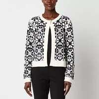 Liz Claiborne Womens Crew Neck Long Sleeve Open Front Floral Cardigan