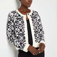 Liz Claiborne Womens Crew Neck Long Sleeve Open Front Floral Cardigan