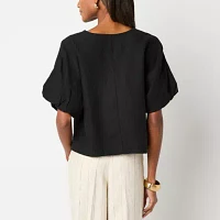 Worthington Womens Split Crew Neck Short Sleeve Blouse