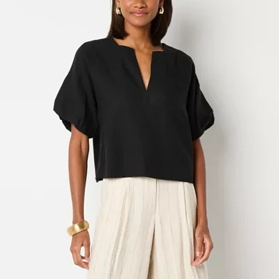Worthington Womens Split Crew Neck Short Sleeve Blouse