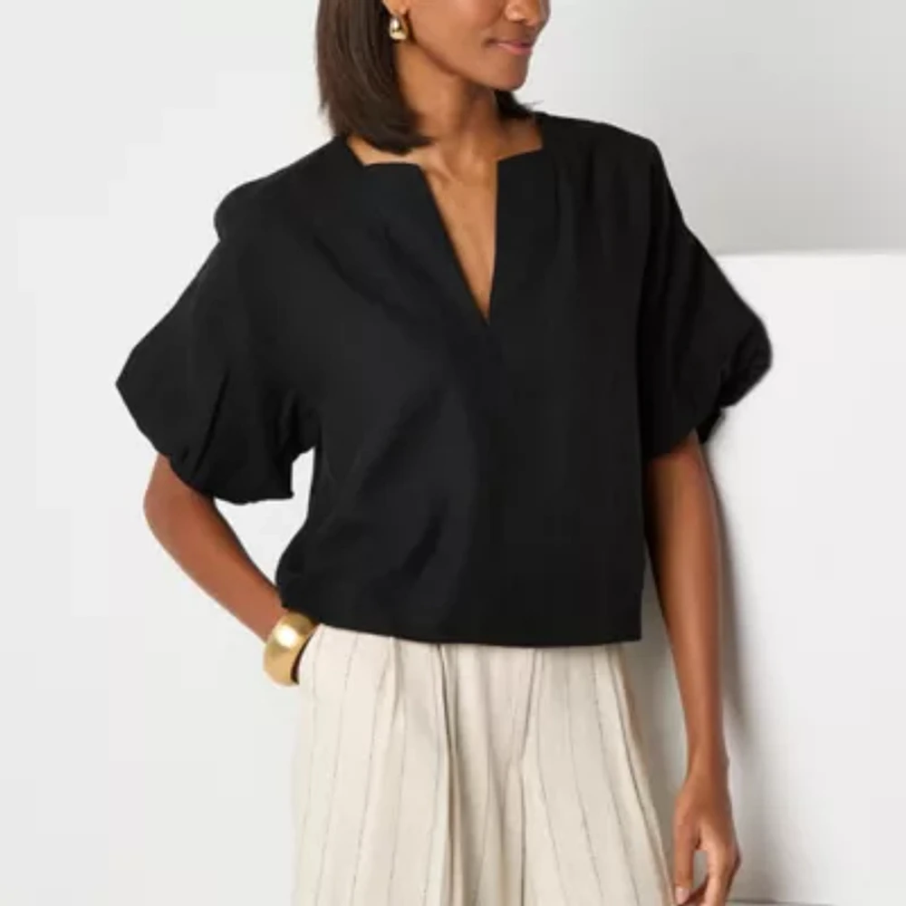 Worthington Womens Split Crew Neck Short Sleeve Blouse