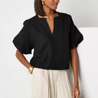 Worthington Womens Split Crew Neck Short Sleeve Blouse
