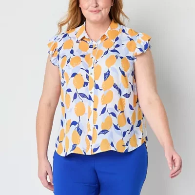 Liz Claiborne Plus Womens Sleeveless Regular Fit Button-Down Shirt