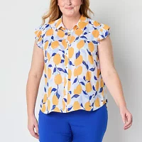 Liz Claiborne Plus Womens Sleeveless Regular Fit Button-Down Shirt